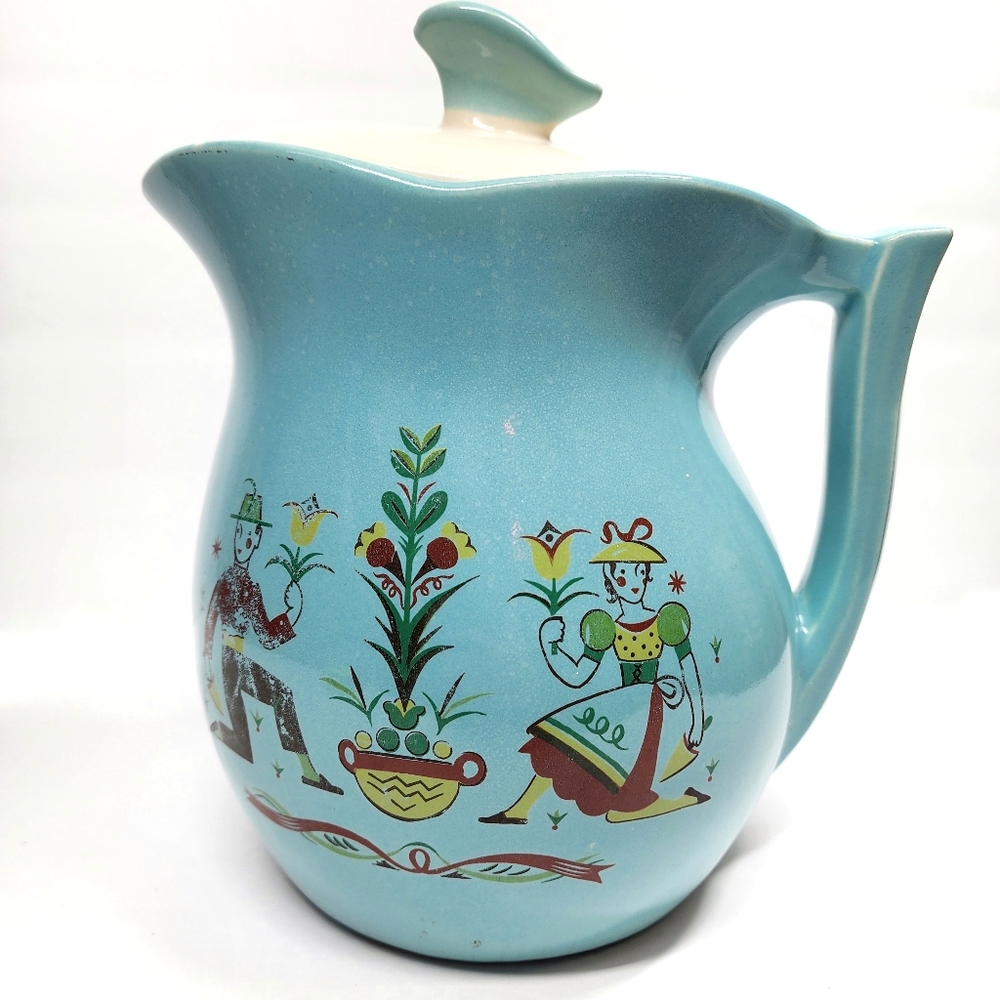 McCOY VINTAGE Blue Harvest Scene Pottery Pitcher & Lid